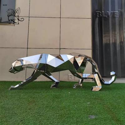 China Polish Modern Life Size Stainless Steel Animal Sculpture Geometric Leopard Statue for sale