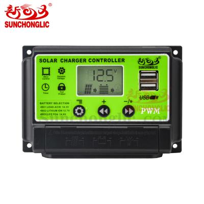 China Dual USB Output 5V 2A Sunchonglic Charge Controller 12v 24v 10A Port Solar Panel Charger Controller with Dual USB Output for sale