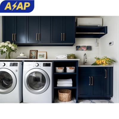 China Durable ASAP sink cabinet laundry drying cabinet Modern house apartment bathroom lacquer shaker blue wooden cabinets design for sale