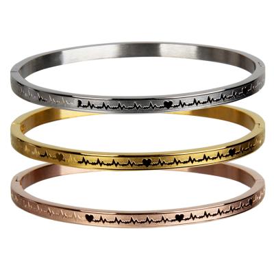 China Fashionable Stainless Steel Titanium Bracelet 4mm Wide Gold Plated Female Engraved Lovely ECG Stainless Steel Bangle for sale