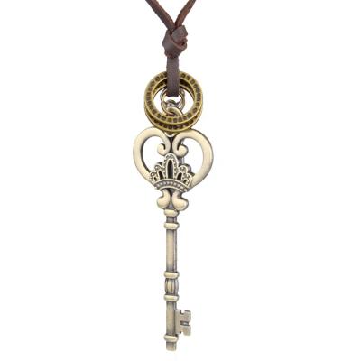 China Alloy + Leather Rope Collar Girl's Necklace Retro Long Paragraph Large Casual Key Leather Simple Bronze Pendant for sale