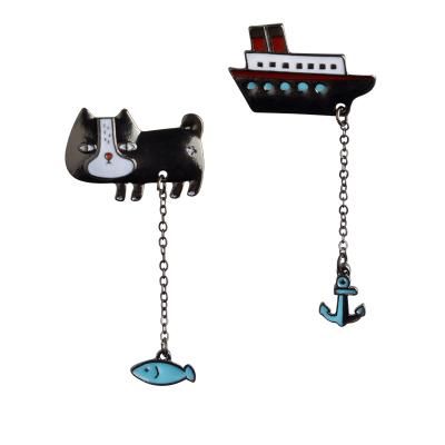China Europe Cartoon Cat Fish Steamship Anchor Pins Hard Enamel Funny Brooch Pin Maker Manufacturer With Pin Badge Chains Shirt for sale
