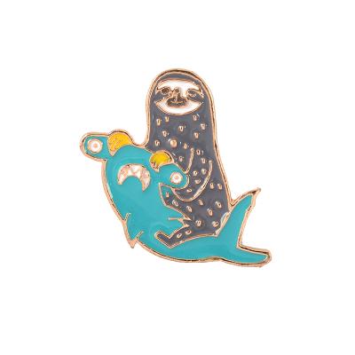 China Sloth family from Europe! Wholesale Cute Instant Surfing Hammerhead Shark Sloth Soft Enamel Cartoon Brooches Lapel Pins Animal for sale