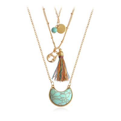 China Vintage Chian Style Tassels Jewelry Ethnic Fashion Necklace Triple Layered Stone Bohemian Trendy Necklace For Women for sale