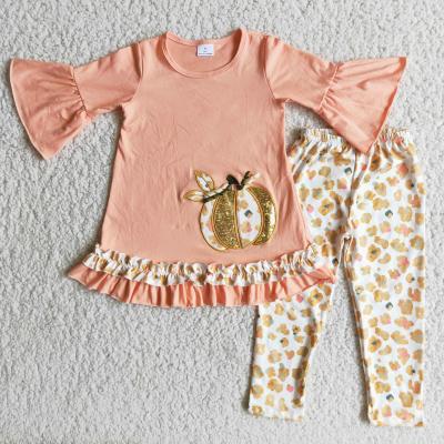 China RTS casual pumpkin embroidery match leopard spats fall clothes girl dress set children clothing for sale