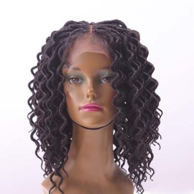 China Afro Wave 16inch black color faux locs curly twist crochet goddess braids afro kinky short dreadlocks lace front synthetic hair wig for sale