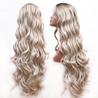 China Deep Wave 35inch synthetic hair 350g deep body wave #T8-16-613 ombre customized colors transparent Swiss lace front wig for sale