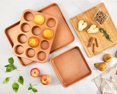 China Sustainable 5pc Bakeware Set Baking Set Aluminized Steel Bakeware Set with Copper Coating Cake Plate for sale