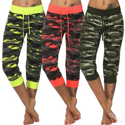 China 2022 Anti-wrinkle Amazon Yoga Camouflage Print Patchwork Drawstring Pants Shapes Casual Cropped Trousers for sale