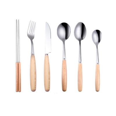 China Viable Hotel Handle Spoon Fork Knife Wedding Wooden Flatware Stainless Steel Flatware Set for sale