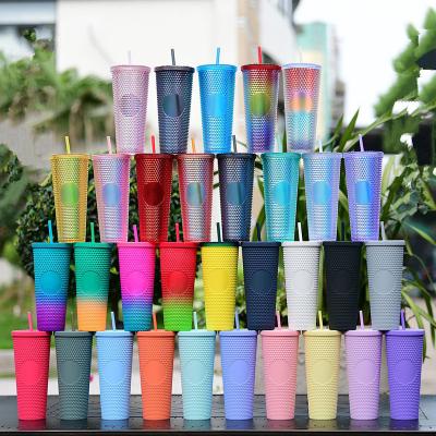 China Sustainable Wholesale Double Wall Matte Plastic Studded Tumbler Grid Collection Cup With Lid Straw for sale