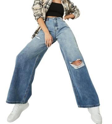 China Color Fade Proof Streetwear Friend Straight Fit Denim Blue Long Pants High Waist Ripped Loose Jeans 2020 Women for sale