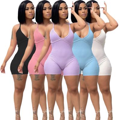China 2021 Hot Sale Summer QUICK DRY Trendy Women's Clothing One Piece Ribbed Overalls Playsuit Halter Short Rompers Womens For Ladies for sale