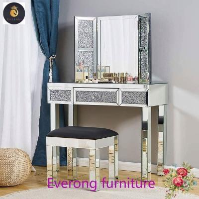 China Modern Guanding Hot Sale Crushed Diamond Mirrored Dressing Table Vanity Table for sale