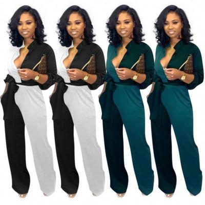China Vintage Anti-Pilling Vintage Anti-Pilling Sexy Women Rompers Loose V-Neck Shirt One Piece Spliced Long Sleeve Pants Sportswear Office Overalls for sale