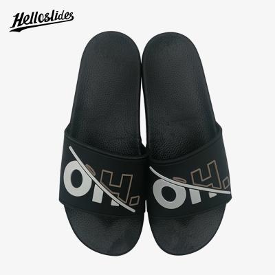 China Fashion Trend Design New Fashion Plus Men Rubber Sole Slide Sandal Embossed Slippers PVC OEM Logo Low Moq Custom Poly Bags Two Strap Slides for sale