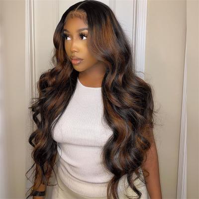China Cheap Body Wave Swiss Lace Wig For Women Long Human Hair Wig Raw Unprocessed Modern Highlights Blonde Color Virgin Wig Show 4/27 With Baby Hair for sale