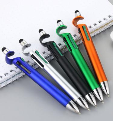China Commonly Writing Custom Logo 3 In 1 Four Colors Ball Pens With Touch Screen Pen And Phone Holder Metallic Color Plastic Material for sale