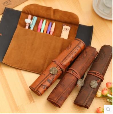 China Schools & Offices Vintage Style Roll Up Pencil Case Creative Card Matte Smooth Cover Pencil Pouch Art Makeup Cosmetic Pouch With Pendant For School for sale