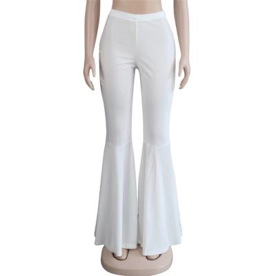 China Anti-wrinkle women fashion solid summer stretch lace up high waist slim full length pants ruffle edge flared pants for sale
