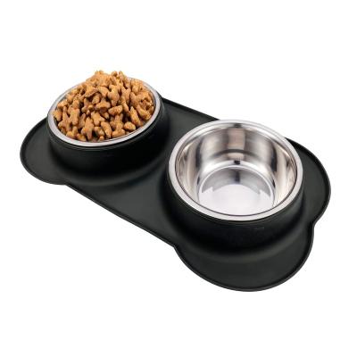 China Durable Stainless Steel Non-Slip Dog Water Feeder Double Rolls Feeding Mat Food Bowls Silicone Pet Feeding Mat for sale