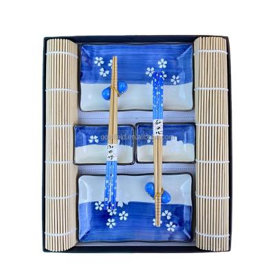 China Delicate Sustainable and Blue Custom Serving Dish Ceramic Ornament Dish Pattern White Floral Tableware Set with Bamboo Chopsticks for sale