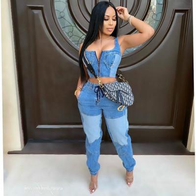 China 2022 Viable Dropship Spliced Corset Crop Vest And Pants Private Label Women's Two Piece Sets With Zipper for sale