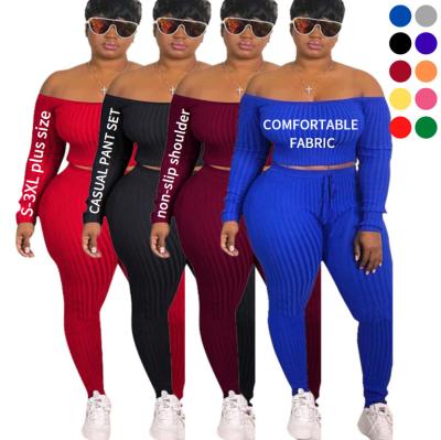 China 2022 S-3XL Wholesale QUICK DRY Solid Color Off Spring Set Two Piece Casual Long Sleeve Off Shoulder Women Outft Plus Size Panty Set for sale