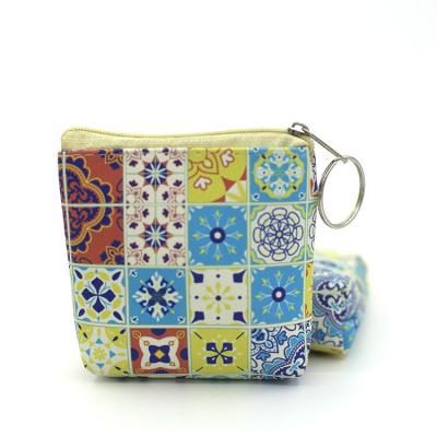 China Fashion factory direct custom printing boho canvas coin purse unisex mini zipper pull with key ring for sale
