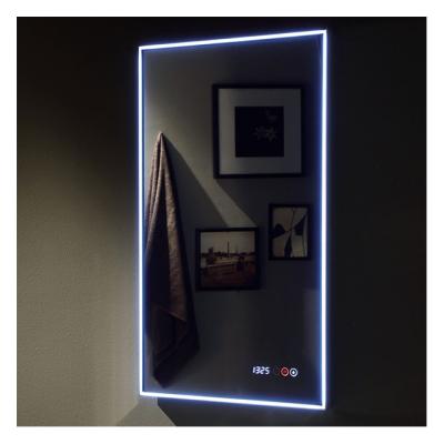China Hotel Popular Illuminated Hung Modern Defogger LED Wall Lighted Mirror Bathroom Mirror With LED Light And Digital Pendulum for sale