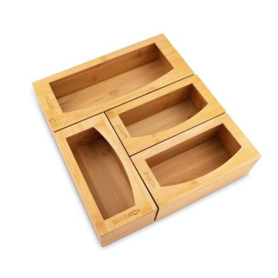 China Sustainable Food Storage Bag Organizer Bamboo Wood Kitchen Drawer Holders 4 Piece Bag Storage Bamboo Ziplock Organizer for sale