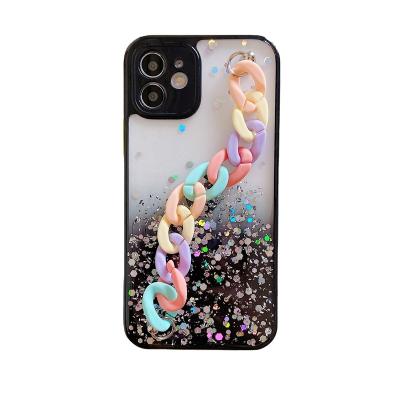 China Shockproof Shimmering Powder With Rainbow Chain Hot Sale Phone Case Anti-drop Soft Clear Cute Phone Case for iphone 14/13 Wallet Cover for sale