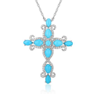 China CLASSIC Top Selling Natural Fashion Turquoise Gemstone 925 Sterling Silver Sweater Chain Cross Necklace for sale