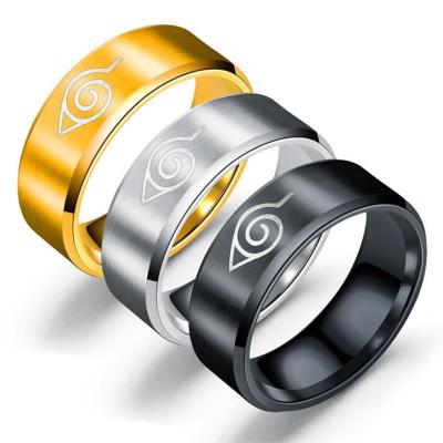 China Cute Silver Ring Jewelry Cosplay Accessories Black Gold Konohagakurenosato Logo Stainless Steel Anime Rings for sale