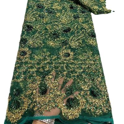 China Wholesale price sequins lace wedding dress african embroidery lace fabric party dress gold lace mesh fabric for sale