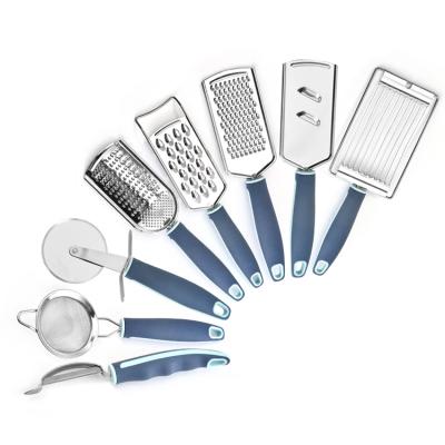 China Amazon Sale Hot Viable Kitchen Instrument 8-Pieces Kit Stainless Steel Fruits Vegetable Slicer Pizza Peel Cheese Grater for sale
