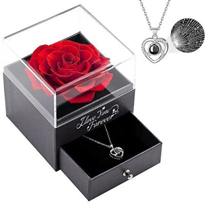 China Natual Touch Preserved Real Rose with Heart Necklace I Love You in 100 Languages Gift Set for girlfriend Valentine's Day Birthday for sale