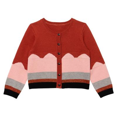 China Color block jacquard wool anti-shrink kids knitted cardigan sweater manufacturers custom warm soft winter babies' sweaters for sale