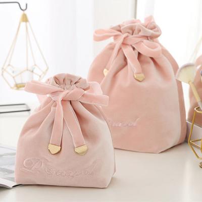 China Custom drawstring fashion embroidery logo velvet fluffy cosmetic bag sheer color makeup bag for women for sale
