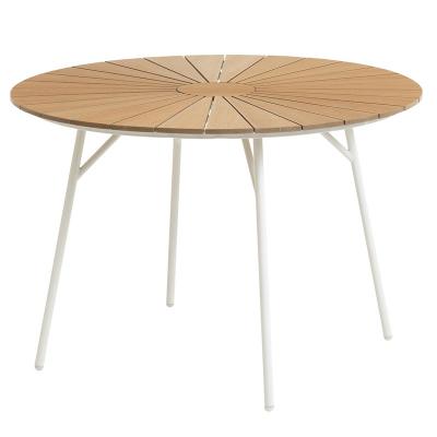 China Waterproof Modern Aluminum Plastic Round Wooden Table Garden Teak Dining Table Wood Tube Party Furniture Outdoor for sale