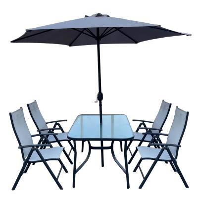 China 6 Piece Modern Outdoor Glass Folding Table Chairs With Umbrella Set Patio Garden Dining Aluminum Furniture Set for sale
