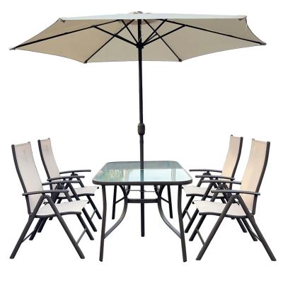 China Eco-freindly Patio Table And Chairs Set With Umbrella Modern Outdoor Furniture Garden Set Beach Chair With Umbrella for sale