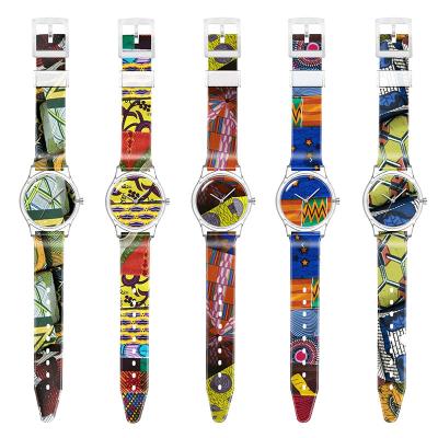 China Custom Made Transparent Water Resistant Watch Plastic Recyled Pattern African Pritned Design Your Own Watch Women for sale