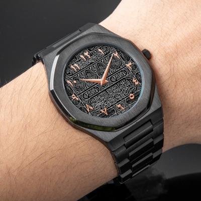 China Wholesale Water Resistant Islam Word Numeral Face Muslim Islamic Waterproof Wrist Black Dial Arabic Numeral Luxury Watch For Men for sale