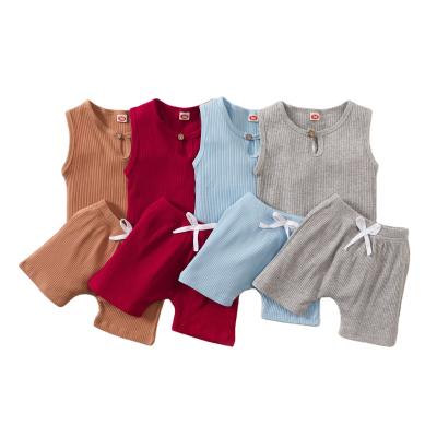 China Cotton Australia USA Summer Ribbed Knitted Kids Suits Outfits Sleeveless T-shirts With Strap Shorts Ribbed Cotton Kids Clothing Sets For 1-7 Years for sale