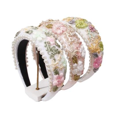 China Wide Headband Luxury Hair Accessories Designer Flower Embroidery+Yarn+Pearl Hairband Soft Fashion Sponge Headband Party Favor Show Gift for sale