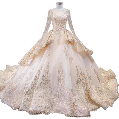 China Serene Hill HM66949 Long Sleeves Wedding Dresses Breathable Gold O Neck Sequined Lace Up Back Bridal Gowns For Women for sale