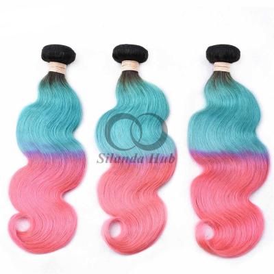 China #T1B/azul claro/rosado cuerpo onda Remy pelo humano paquetes coser en tejido paquetes paquetes brasileños en venta
