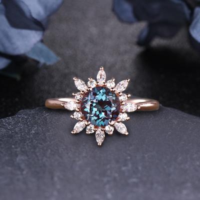 China 14k Solid Gold 1.0Ct Round Cut Alexandrite Romantic Engagement Ring Wedding Ring Luxury Bling Romantic Gemstone Ring For Women for sale