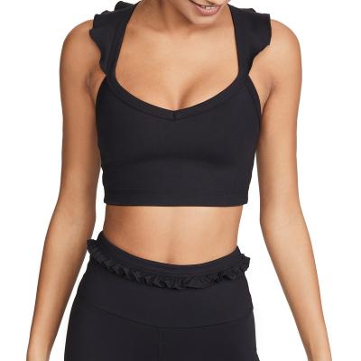 China QUICK DRY sexy cute tank top style custom style black color yoga vest ruffle strap crop top for women for sale